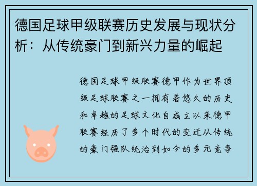 德国足球甲级联赛历史发展与现状分析：从传统豪门到新兴力量的崛起